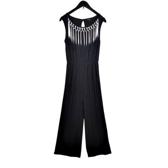 Sami & Jo Black Jersey Jumpsuit Fringe Stretch Travel Playsuit Sz Small Wide Leg - Picture 1 of 7